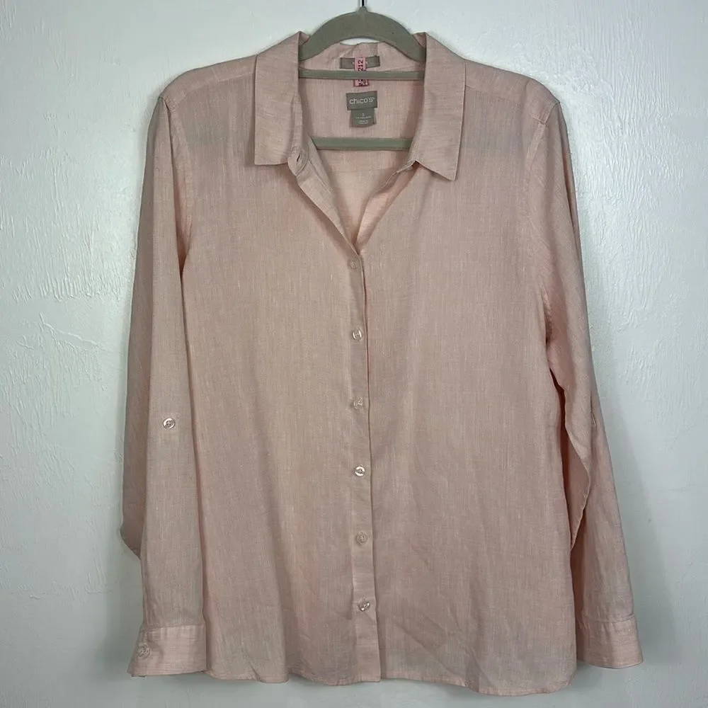 Chico’s Linen No Iron Long Sleeve Button Down Shirt In Light Pink Size 16/18